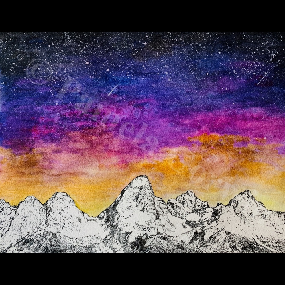 Original watercolor mountains starry night sky art